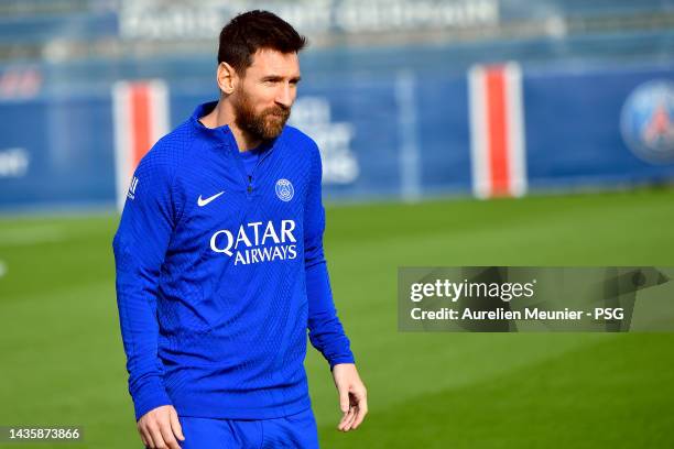 Leo Messi looks on during a Paris Saint-Germain training session ahead of their UEFA Champions League group H match against Maccabi Haifa FC at PPSG...