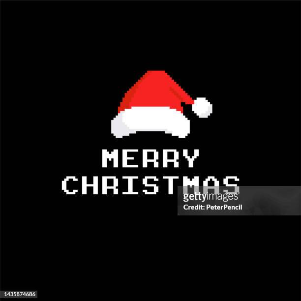 merry christmas pixel greeting card. 8-bit screen. vector illustration - santa hat stock illustrations