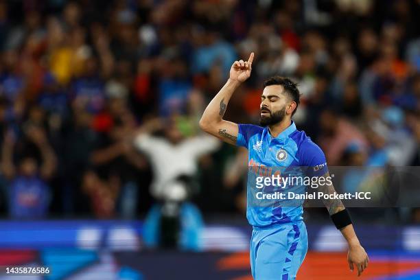 Virat Kohli of India reacts after winning the ICC Men's T20 World Cup match between India and Pakistan at Melbourne Cricket Ground on October 23,...