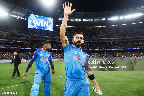 Virat Kohli of India celebrates after the ICC Men's T20 World Cup match between India and Pakistan at Melbourne Cricket Ground on October 23, 2022 in...