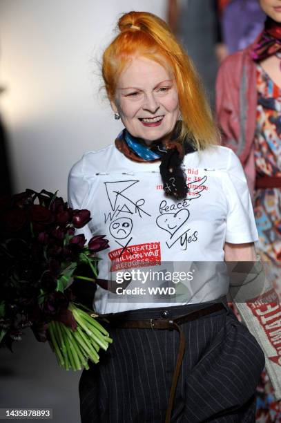 Designer Vivienne Westwood on the runway after her Vivienne Westwood Red Label fall 2012 show.