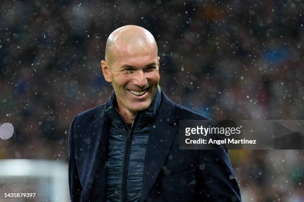 Former Real Madrid player and manager Zinedine Zidane looks on prior to the LaLiga Santander match between Real Madrid CF and Sevilla FC at Estadio...