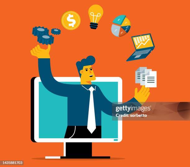 infographic juggle - businessman - laptop icon solid stock illustrations