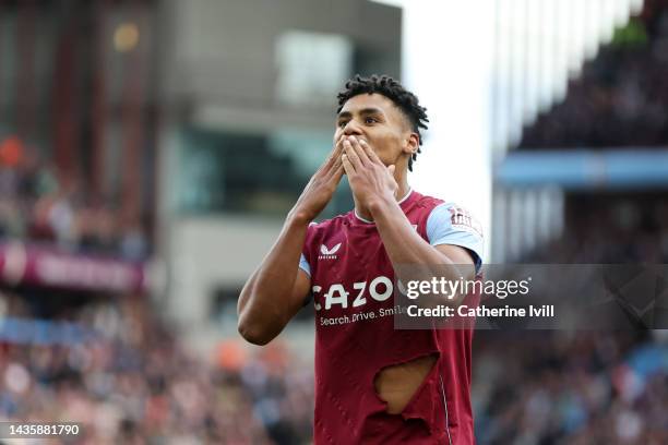 Ollie Watkins of Aston Villa celebrates after scoring their team's fourth goal during the Premier League match between Aston Villa and Brentford FC...