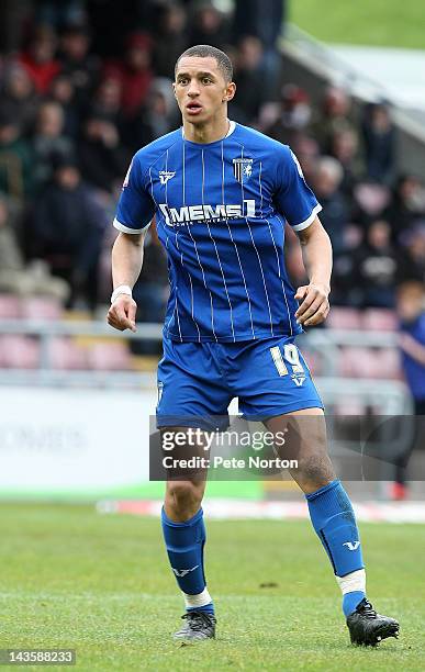 Lewis Montrose of Gillingham in action during the League Two match between Northampton Town and Gillingham at Sixfields Stadium on April 28, 2012 in...