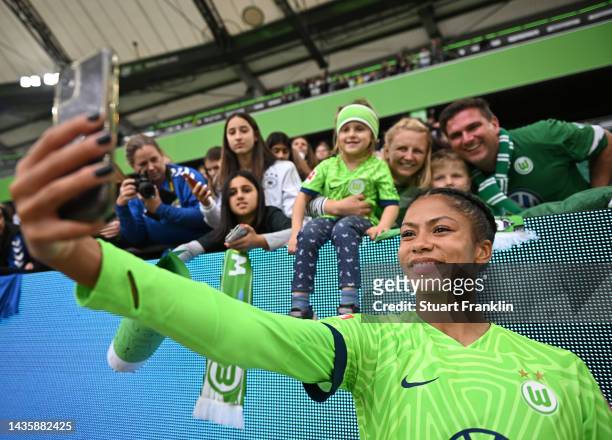 Sveindís Jane Jónsdóttir of Wolfsburg celebrates with the fans after the FLYERALARM Women's Bundesliga match between VfL Wolfsburg and Bayern München...