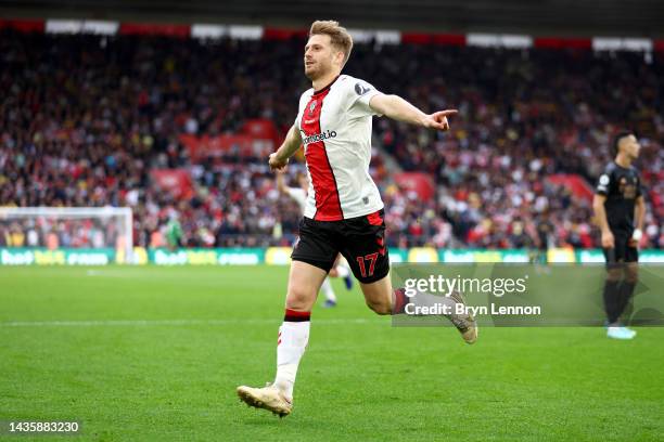 Stuart Armstrong of Southampton celebrates after scoring their team's first goal during the Premier League match between Southampton FC and Arsenal...