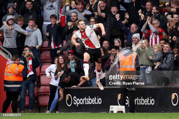 Stuart Armstrong of Southampton celebrates after scoring their team's first goal during the Premier League match between Southampton FC and Arsenal...
