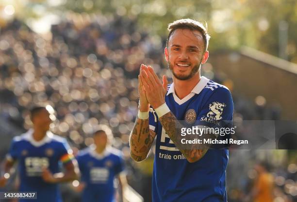 James Maddison of Leicester City celebrates after scoring their team's third goal during the Premier League match between Wolverhampton Wanderers and...