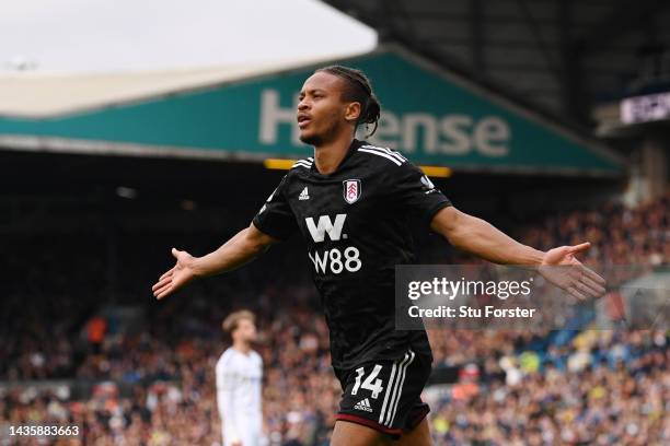 Bobby Reid of Fulham celebrates after scoring their team's second goal during the Premier League match between Leeds United and Fulham FC at Elland...