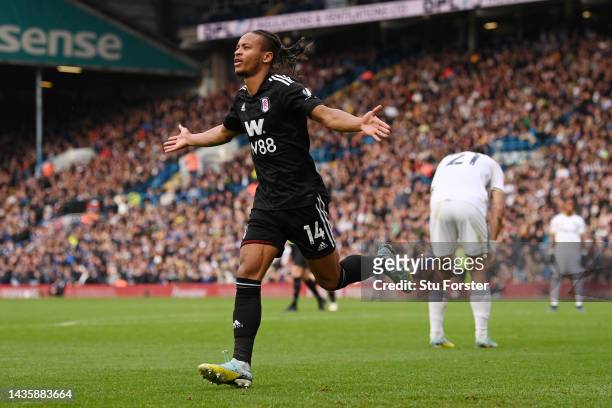 Bobby Reid of Fulham celebrates after scoring their team's second goal during the Premier League match between Leeds United and Fulham FC at Elland...