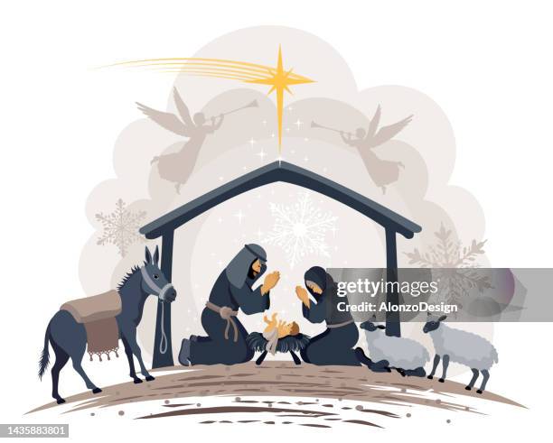illustrazioni stock, clip art, cartoni animati e icone di tendenza di notte santa. notte di natale. nascita di gesù. - natività