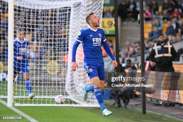 Jamie Vardy of Leicester City celebrates after scoring their team's fourth goal during the Premier League match between Wolverhampton Wanderers and...