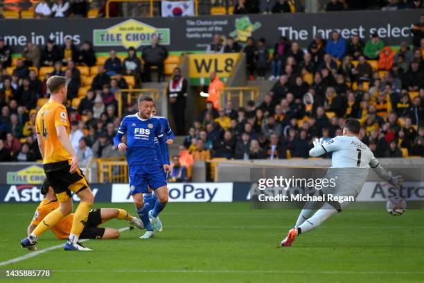 Jamie Vardy of Leicester City scores their team's fourth goal during the Premier League match between Wolverhampton Wanderers and Leicester City at...