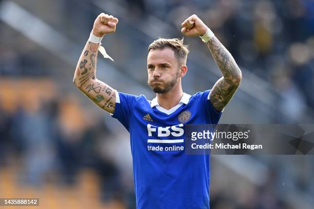 James Maddison of Leicester City celebrates after their sides victory during the Premier League match between Wolverhampton Wanderers and Leicester...