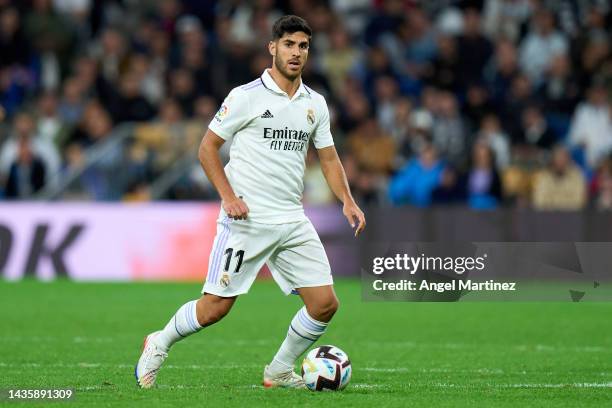 Marco Asensio of Real Madrid in action during the LaLiga Santander match between Real Madrid CF and Sevilla FC at Estadio Santiago Bernabeu on...