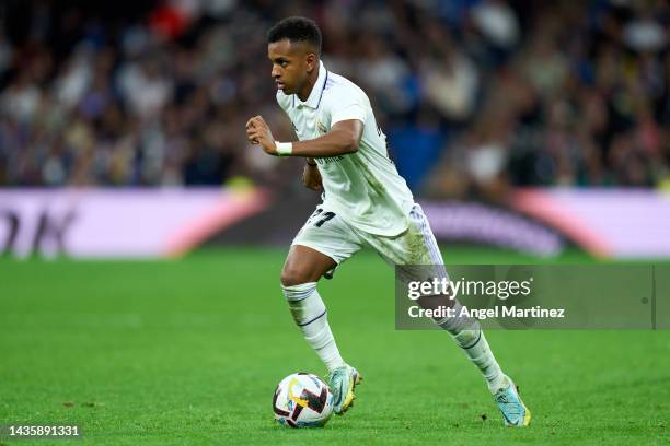 Rodrygo Goes of Real Madrid in action during the LaLiga Santander match between Real Madrid CF and Sevilla FC at Estadio Santiago Bernabeu on October...