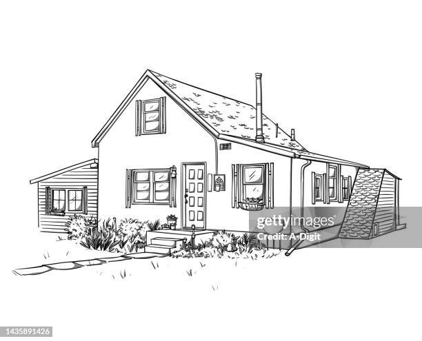 little house on the road sketch - pencil drawing house stock illustrations