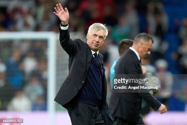 Head coach Carlo Ancelotti of Real Madrid acknowledges the audience after the LaLiga Santander match between Real Madrid CF and Sevilla FC at Estadio...
