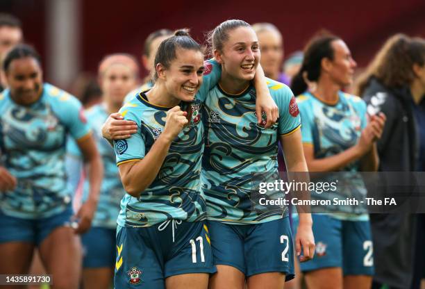 Megan Wynne and Ella Morris of Southampton celebrates after their sides victory during the Barclays FA Women's Championship match between Sheffield...