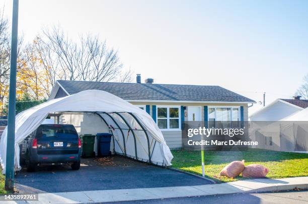 bungalow con refugio para coche de invierno - cortina rompeviento fotografías e imágenes de stock