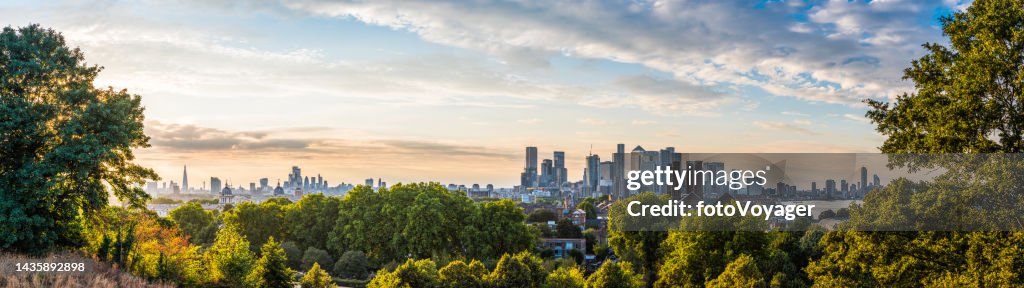 London skyline cityscape landmarks and skyscrapers framed by trees panorama