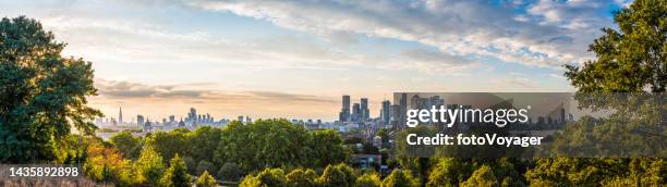 london skyline cityscape landmarks and skyscrapers framed by trees panorama - panoramic office stock pictures, royalty-free photos & images