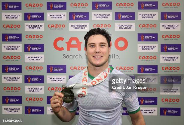 Mitchell Moses of Lebanon poses after being named Player of the Match following the Rugby League World Cup 2021 Pool C match between Lebanon and...