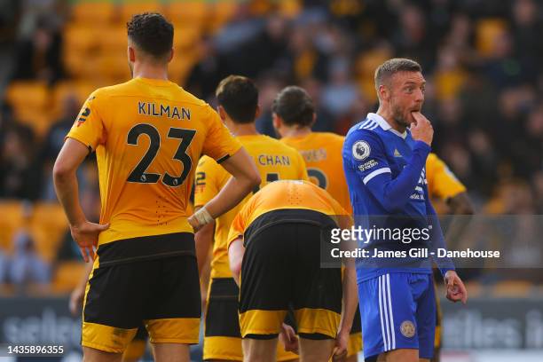 Jamie Vardy of Leicester City taunts the Wolverhampton supporters during the Premier League match between Wolverhampton Wanderers and Leicester City...