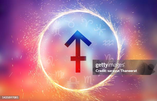 sagittarius symbol on a colorful background light - signe du verseau photos et images de collection