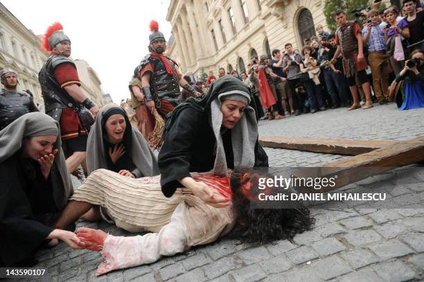 Romanian actress Maia Morgenstern plays the role of the mother of Jesus as she plays in the movie directed by Mel Gibson while actors reenact the...