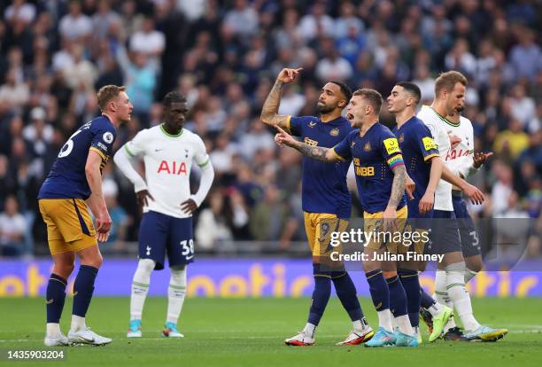 Callum Wilson of Newcastle United celebrates after scoring their team's first goal during the Premier League match between Tottenham Hotspur and...