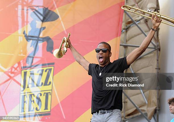Trombone Shorty & Orleans Avenue performs during the 2012 New Orleans Jazz & Heritage Festival Day 3 at the Fair Grounds Race Course on April 29,...