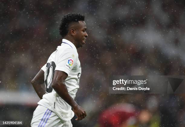 Vinicius Junior of Real Madrid looks on during the LaLiga Santander match between Real Madrid CF and Sevilla FC at Estadio Santiago Bernabeu on...