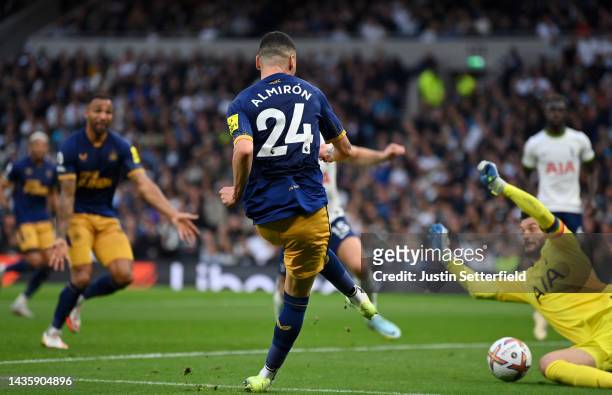 Miguel Almiron of Newcastle United scores their team's second goal during the Premier League match between Tottenham Hotspur and Newcastle United at...