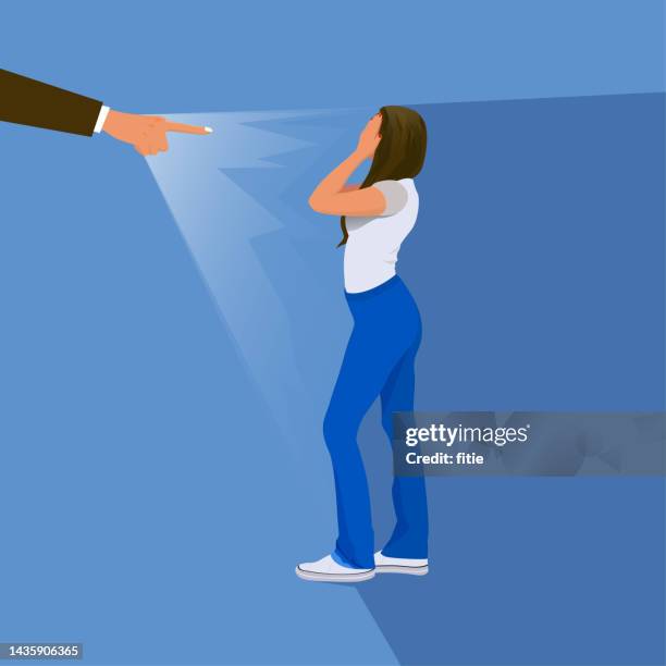 bildbanksillustrationer, clip art samt tecknat material och ikoner med victim blaming. female fear, hand pointing to disgraced woman. shame or anxiety, sad depressed crying girl. bullying attack vector concept. sad and depressed victim, shame woman illustration - missförhållande