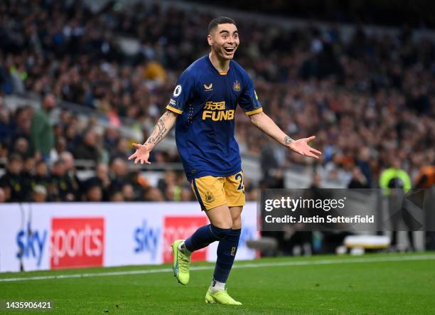 Miguel Almiron of Newcastle United celebrates after scoring their team's second goal during the Premier League match between Tottenham Hotspur and...