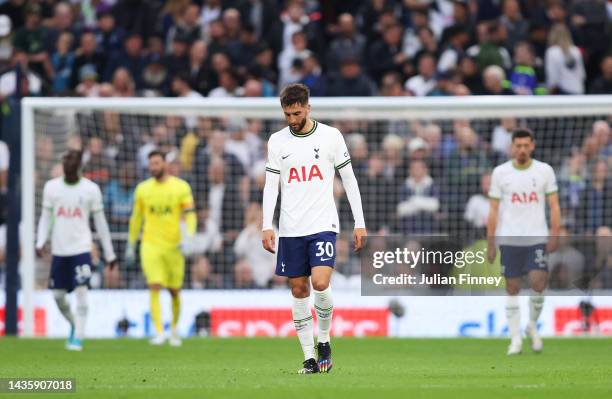 Rodrigo Bentancur of Tottenham Hotspur reacts after Newcastle United scored their sides second goal during the Premier League match between Tottenham...