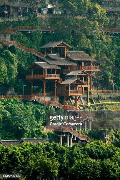 close-up of staircase in hongya cave, chongqing, china - sunset cliffs stage stock pictures, royalty-free photos & images
