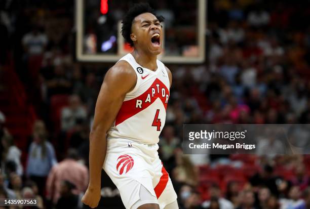Scottie Barnes of the Toronto Raptors reacts during the second quarter of the game against the Miami Heat at FTX Arena on October 22, 2022 in Miami,...