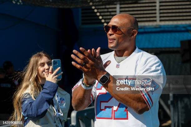 Former Tennessee Titan player Eddie George claps during warmups before the game against the Indianapolis Colts at Nissan Stadium on October 23, 2022...