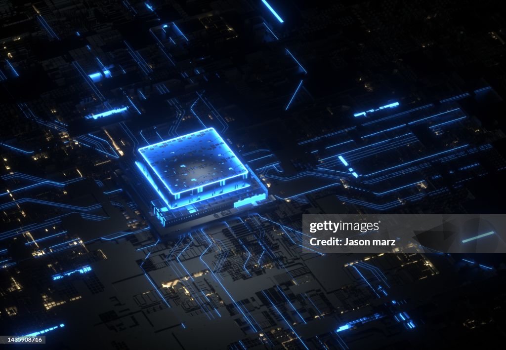 "3d rendering of abstract computer chip of artificial inteligence"