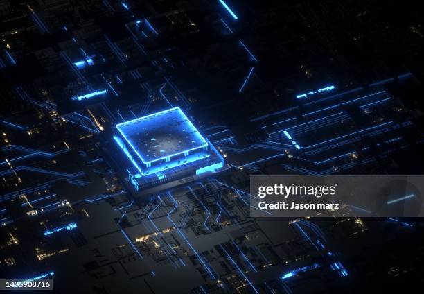 "3d rendering of abstract 
computer chip of artificial inteligence" - cpu - fotografias e filmes do acervo