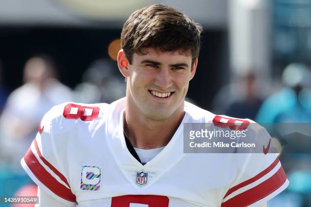 Daniel Jones of the New York Giants smiles prior to the game against the Jacksonville Jaguars at TIAA Bank Field on October 23, 2022 in Jacksonville,...