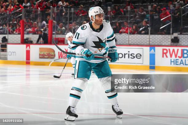 San Jose Sharks center Luke Kunin skates prior to the game against the New Jersey Devils on October 22, 2022 at the Prudential Center in Newark, New...