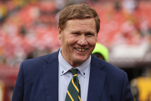 President Mark Murphy of the Green Bay Packers looks on during warmups before the game against the Washington Commanders at FedExField on October 23,...