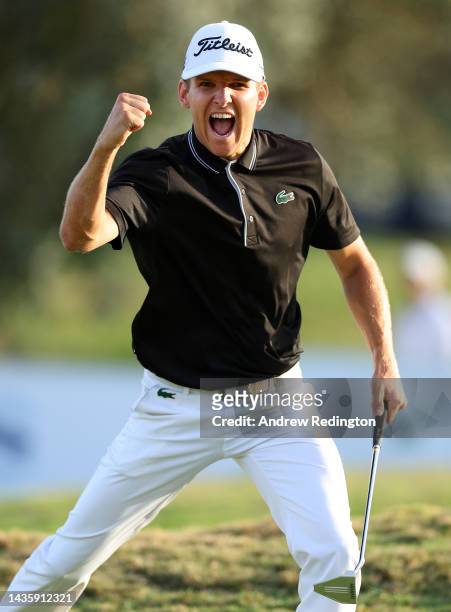 Yannik Paul of Germany celebrates after making a birdie on the 18th green to win the Mallorca Golf Open at Son Muntaner Golf Club on October 23, 2022...