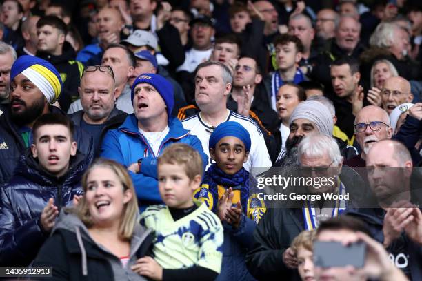 Leeds United fans show their support prior to the Premier League match between Leeds United and Fulham FC at Elland Road on October 23, 2022 in...