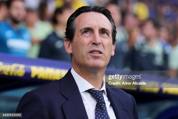 Unai Emery of Villarreal CF looks on during the LaLiga Santander match between Villarreal CF and UD Almeria at Ciutat de Valencia on October 23, 2022...