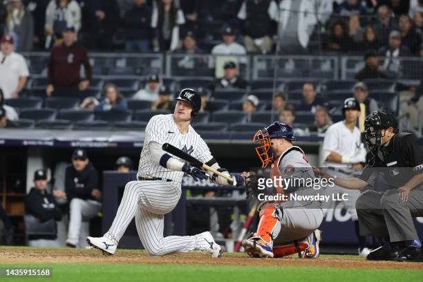 New York Yankees third baseman Josh Donaldson strikes out to end the game in the 9th inning in game 3 of the ALCS at Yankee Stadium in the Bronx, New...